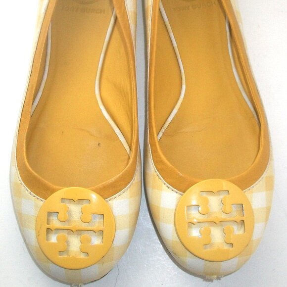 Tory Burch Minnie Yellow & White Gingham Ballet Flats w Yellow Patent Logo - Picture 2 of 9
